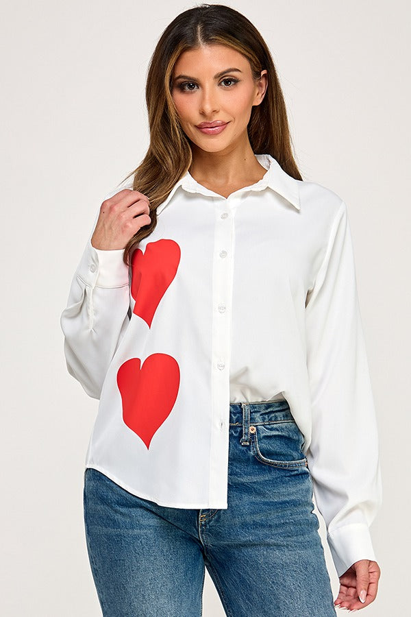 LSLV BUTTON DOWN TOP W/ HEART PRINT