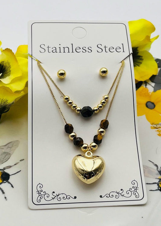 Collar doble con piedras en Stainless Steel,  incluye cham de Corazón