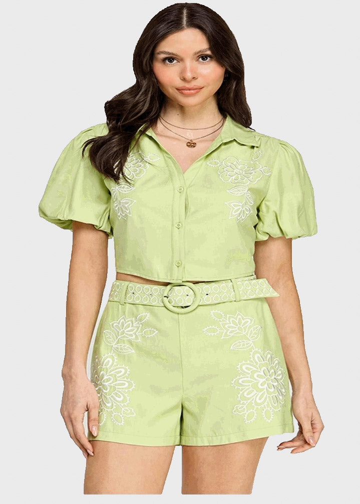 BUBBLE SLV TOP AND SHORTS SET W/ EMBROIDERY DETAIL
