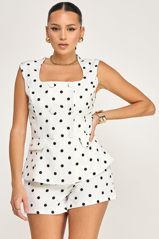 POLKA DOT PRINTED DOUBLE BREASTED ROMPER