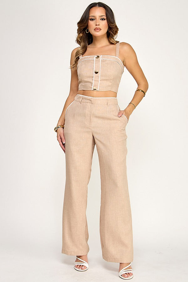 CONTRAST PIPING DETAIL TOP W/ PANTS SET