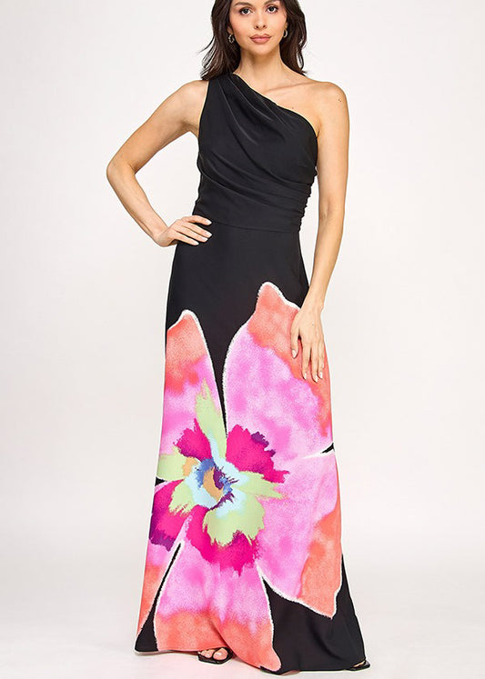 ONE SHOULDER SLVLS PRINTED MAXI DRESS