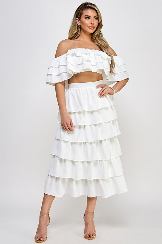 OFF SHOULDER RUFFLE TOP W/ TIERED RUFFLE MIDI SKIRT SET