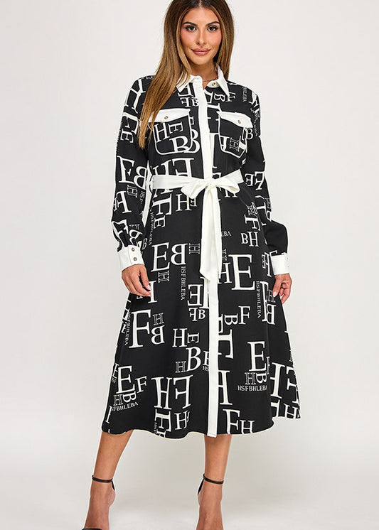 PRINTED LSLV BUTTON DOWN MIDI DRESS W/WAIST TIE | NEGRO