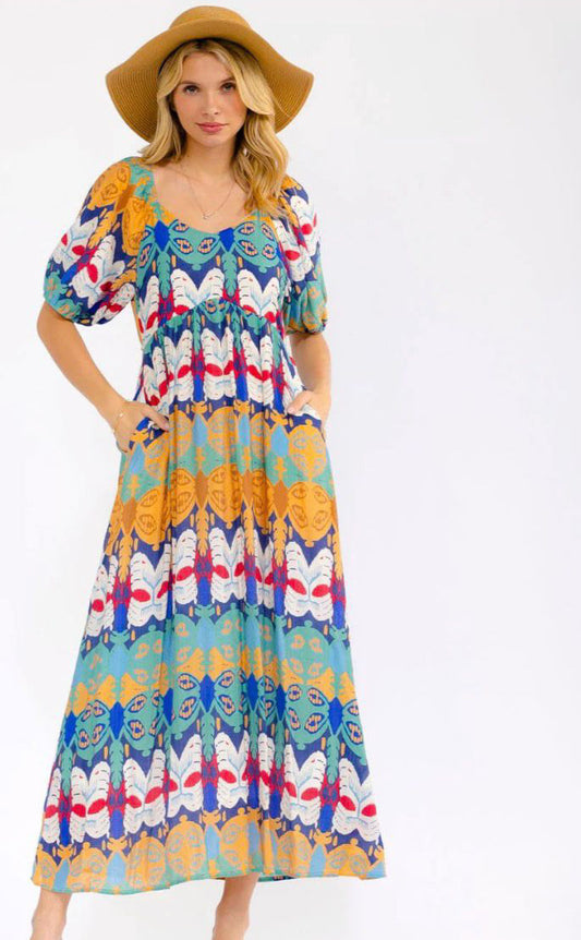 WOMEN'S SHORT SLEEVE V-
NECK FRONT POCKETS MULTI
PRINT MAXI DRESS