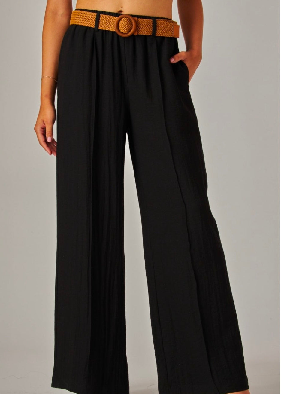 Negro | Linen Pleated Pants with Woven Rattan Stretch Belt