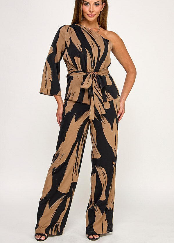 ONE SHOULDER 3/4 SLV WAIST TIE TUNIC TOP W/ PANTS SET | COLOR MARRON