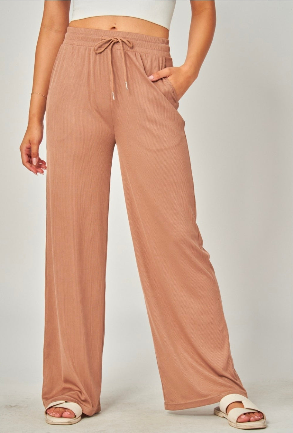 Color Taupe | Stretchy Ribbed Drawstring Pocket Wide Leg Pants