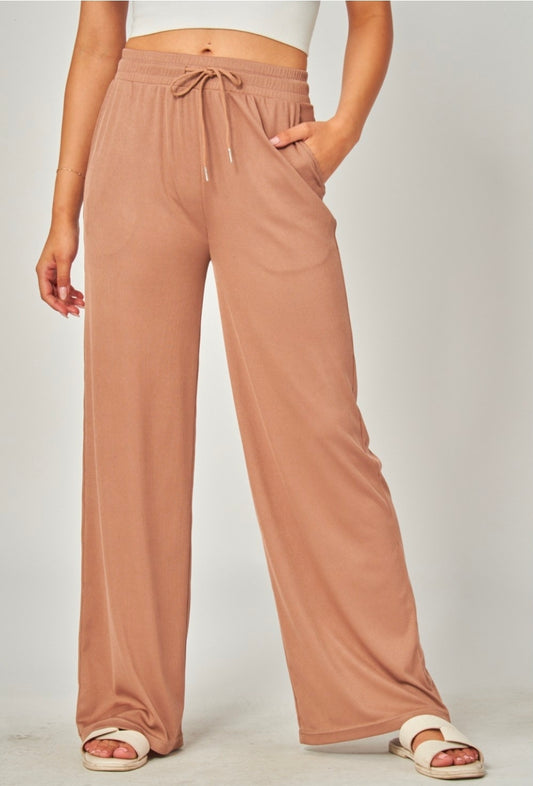 Color Taupe | Stretchy Ribbed Drawstring Pocket Wide Leg Pants