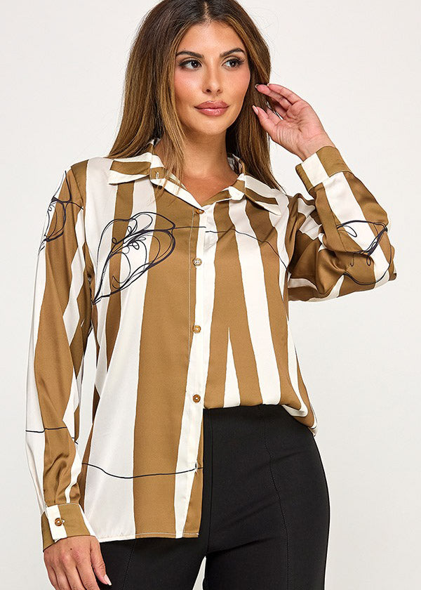 INK STRIPE WITH SKETCH LIP PRINTED LONG SLEEVE BUTTON DOWN BLOUSE