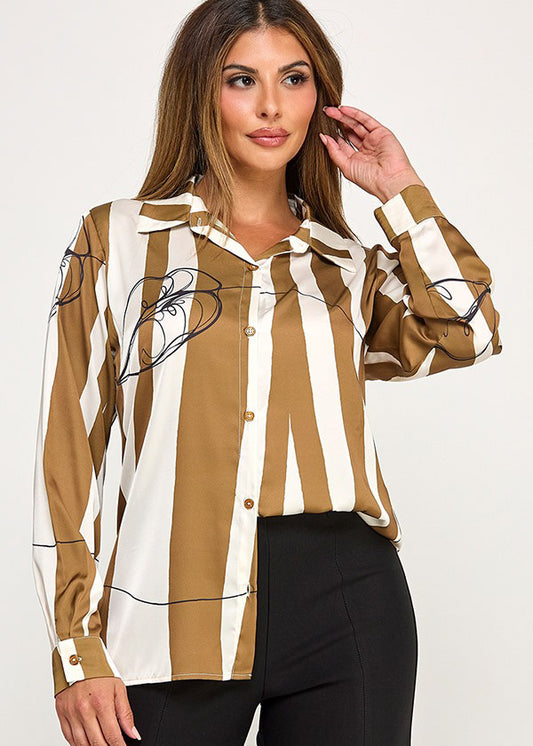 INK STRIPE WITH SKETCH LIP PRINTED LONG SLEEVE BUTTON DOWN BLOUSE