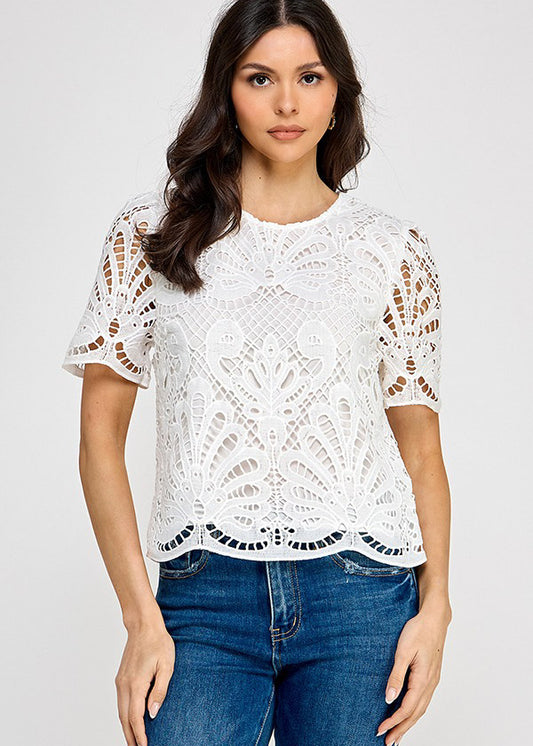 PUFF SSLV LACE BLOUSE TOP