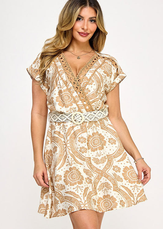 PRINTED SURPLICE MINI DRESS W/ LACE TAPE & TRIM BELT