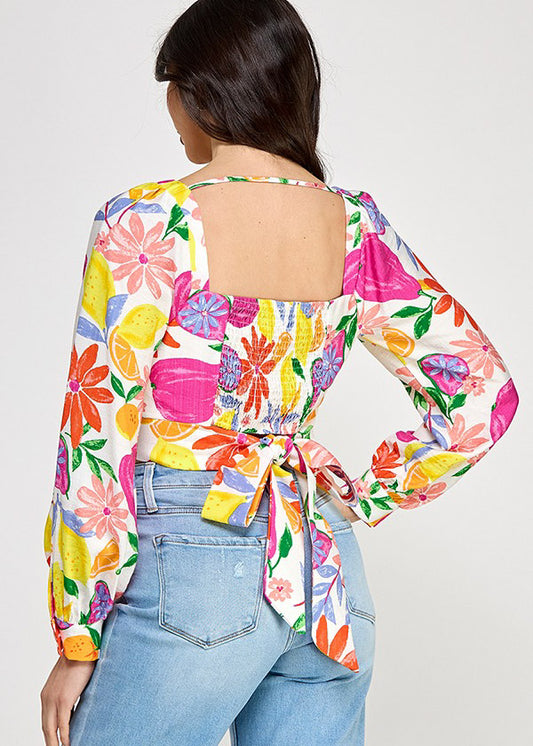 SQUARE NECK PRINTED LSLV TOP W/ TIE IN BACK