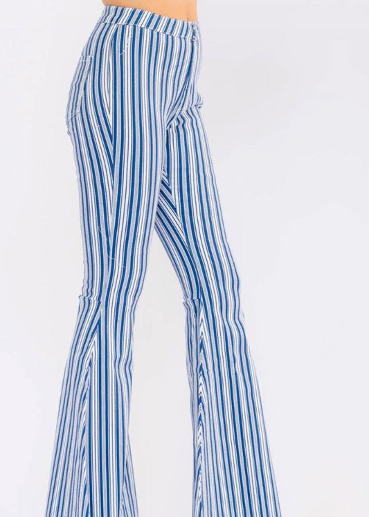 WOMEN'S BUTTON CLOSURE
POCKETS BELL LEG
STRETCH DENIM STRIPES
PANTS