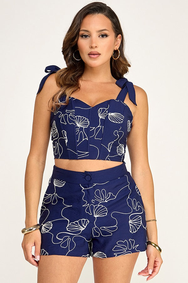 EMBROIDERED LINEN SLVLS TOP AND SHORTS SET