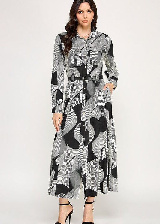 LSLV ABSTRACT BUTTON DOWN DRESS W/ BELT DETAIL