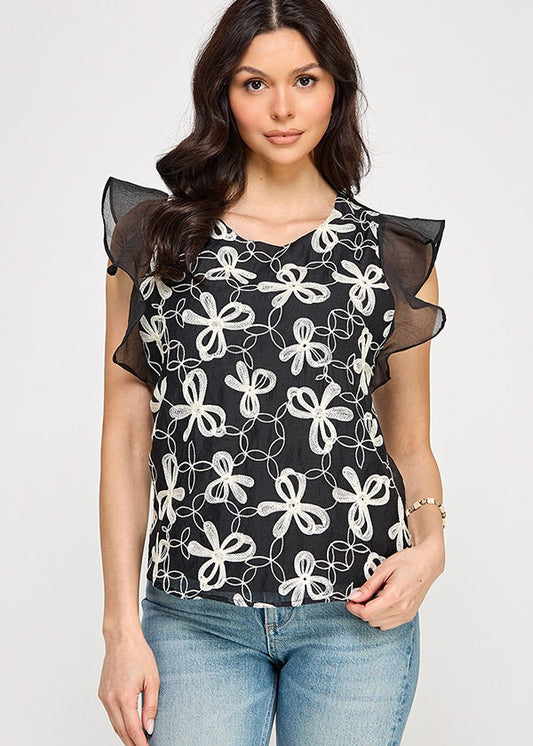 RUFFLE SLV TOP W/ CONTRAST DETAIL | BLACK