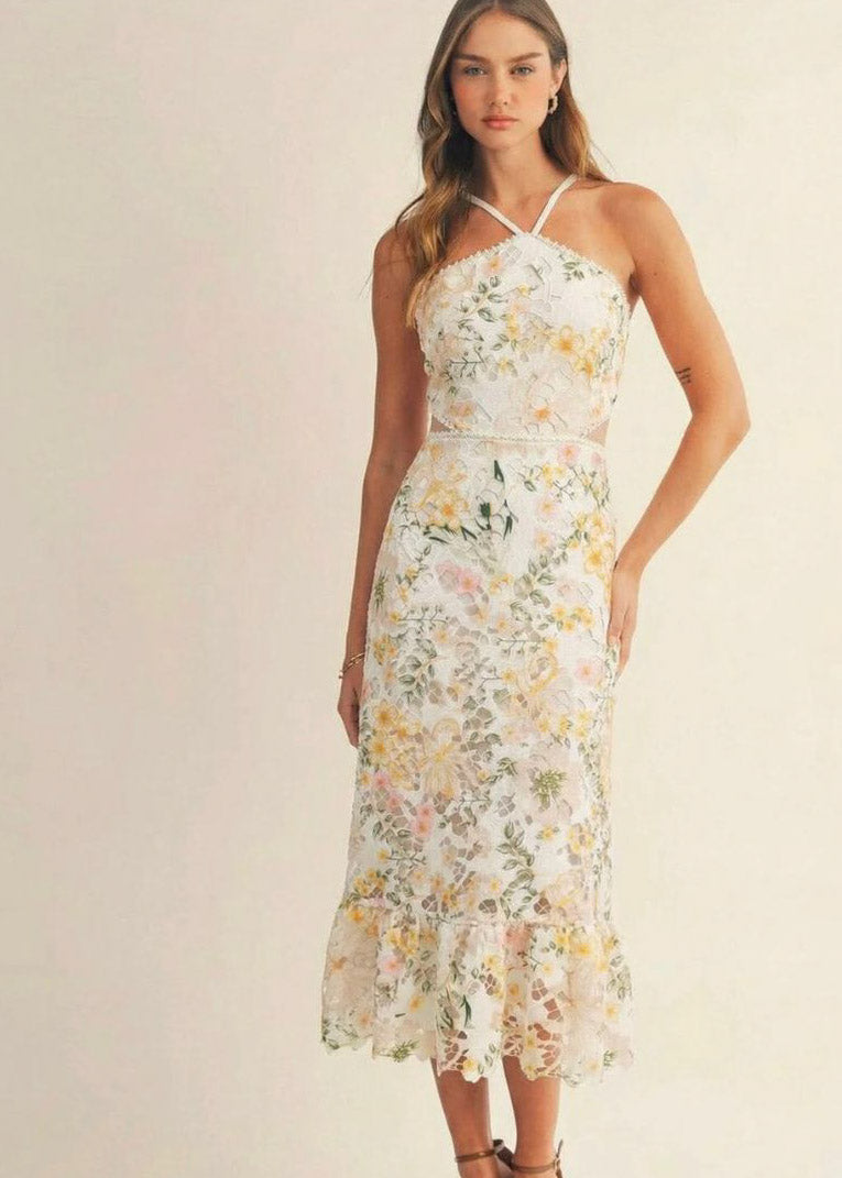 SLEEVELESS HALTER NECK
OPEN BACK FLORAL
CROCHET BODYCON MAXI
DRESS