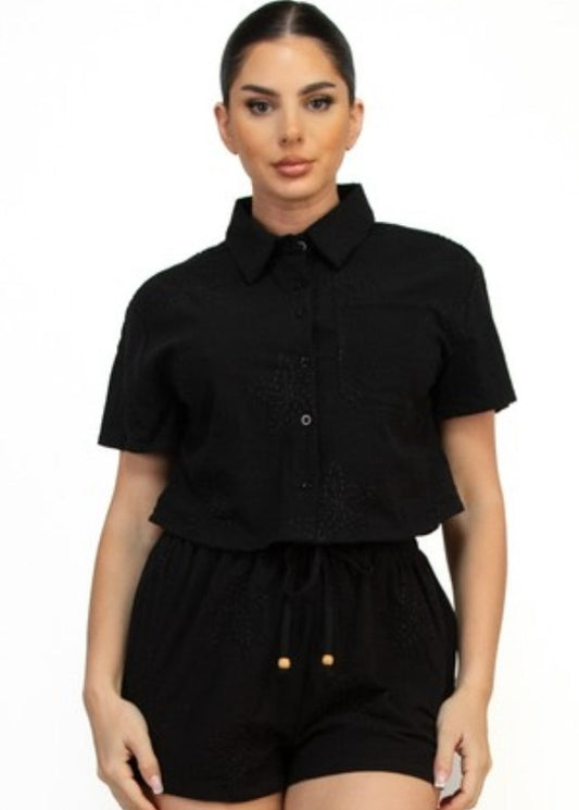 EMBROIDERY CROPPED SHIRTS TOP(WOVEN)