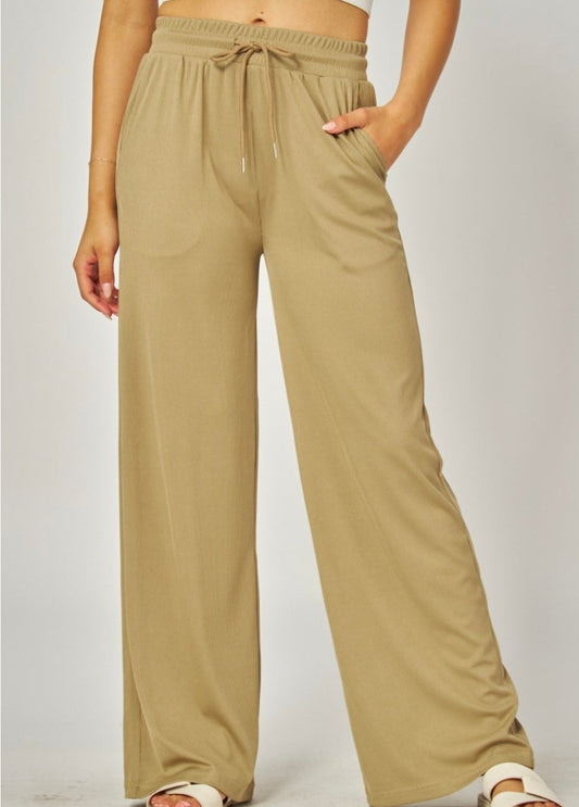 OLIVE Grove | Stretchy Ribbed Drawstring Pocket Wide Leg Pants