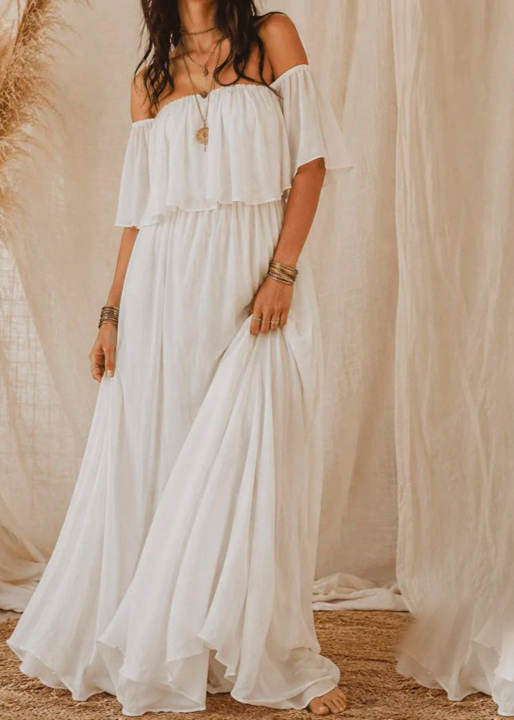 WOMEN'S SHORT SLEEVE OFF
SHOULDER ELASTIC WAIST
MAXI DRESS