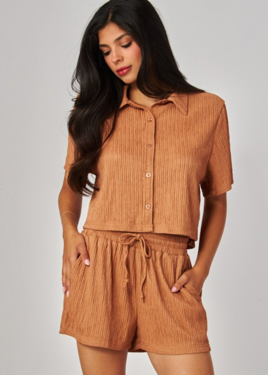 Crinkled Plisse Button Down Shirt Loungewear Shorts Set  | Color Camel