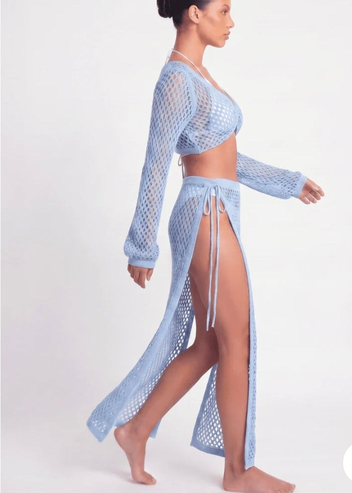 COLOR AZUL | WOMEN'S LONG SLEEVE TOP
& SELF TIE SKIRT CROCHET
COVER UP 2PC. SET