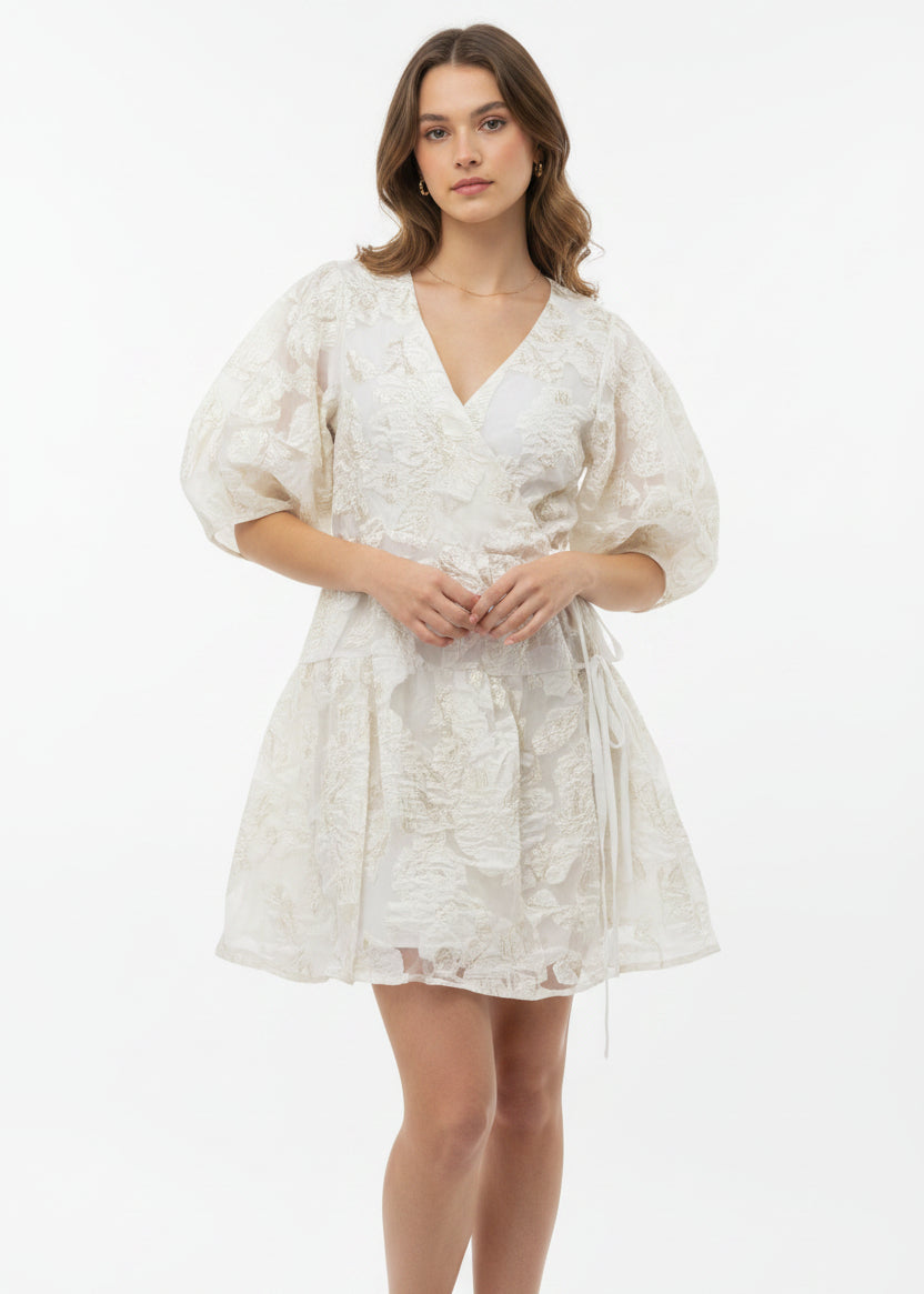 Women short puff sleeve shimer detailed wrap mini dress