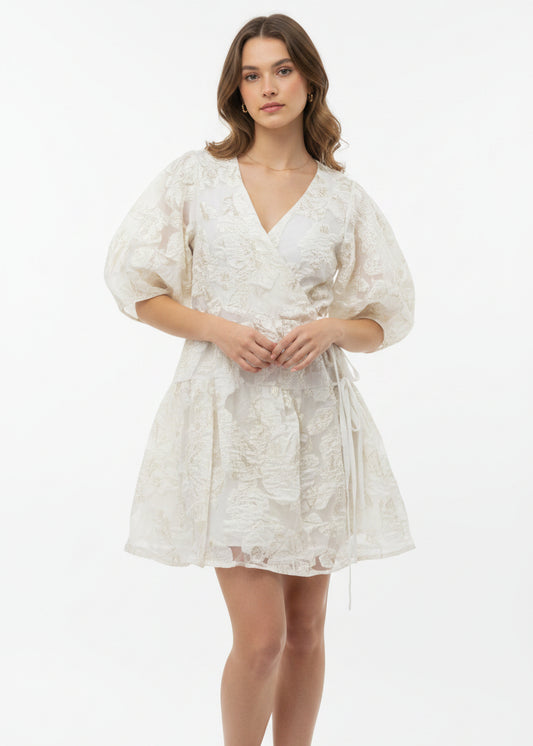 Women short puff sleeve shimer detailed wrap mini dress