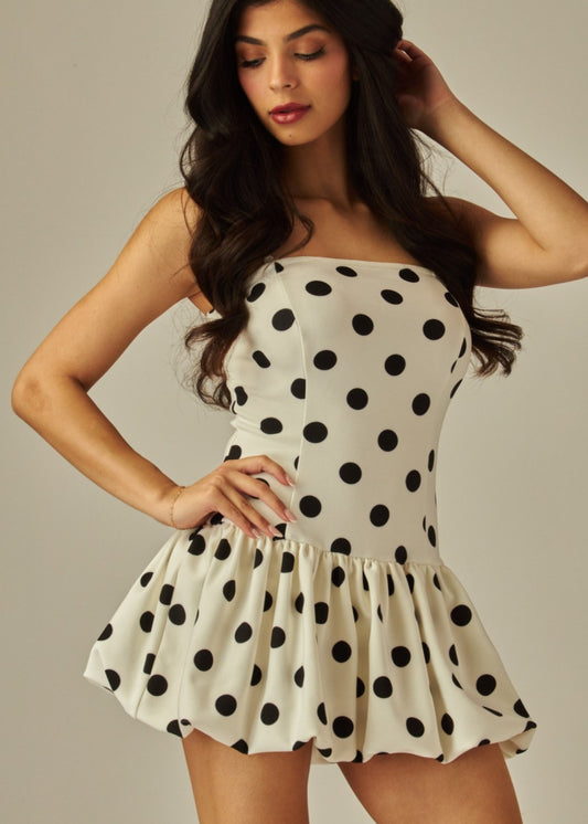 Printed Sleeveless Balloon Skirt Mini Dress w Thin Straps