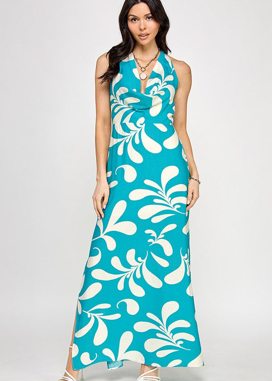 HALTER NECK DRAPED FRONT MAXI DRESS