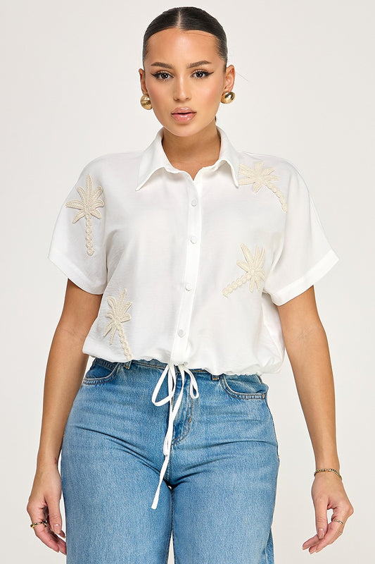 SSLV PLAM CROCHET PATCH TOP W/ WAIST DRAWSTRING