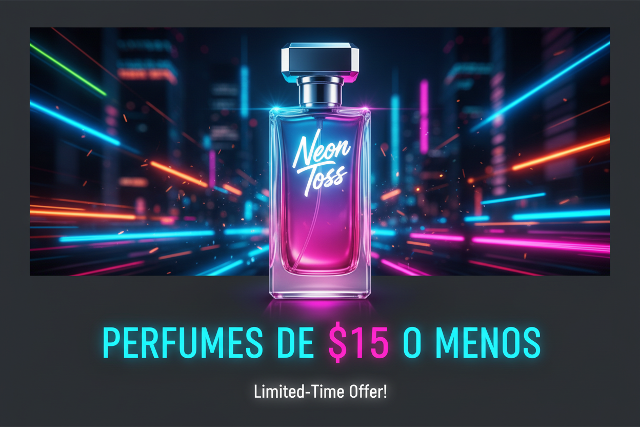 un banner que use el perfume neon toss y diga perfumes de $15 o menos